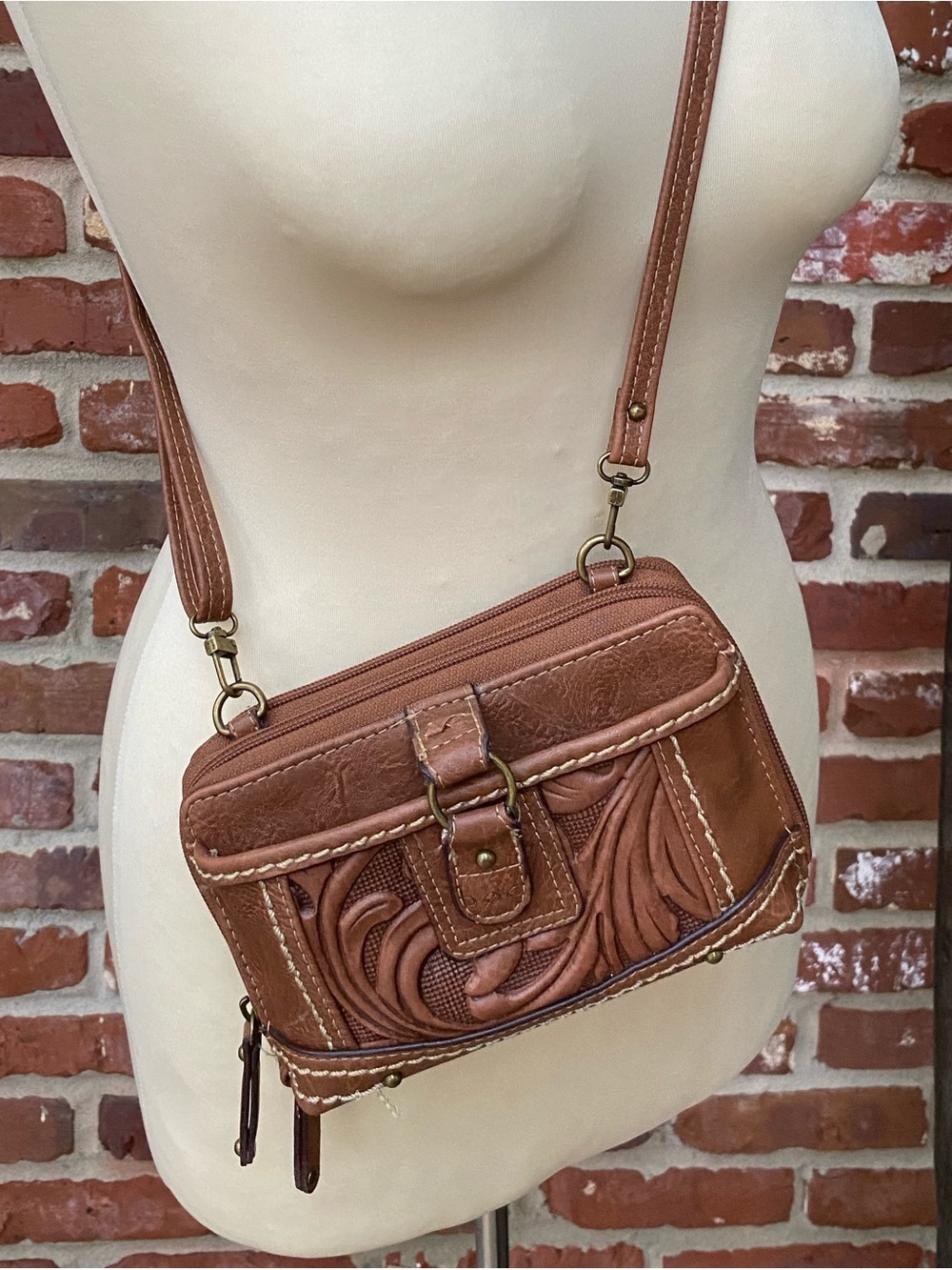 b.o.c. Tan Leather Crossbody Bag with Decorative Stitching